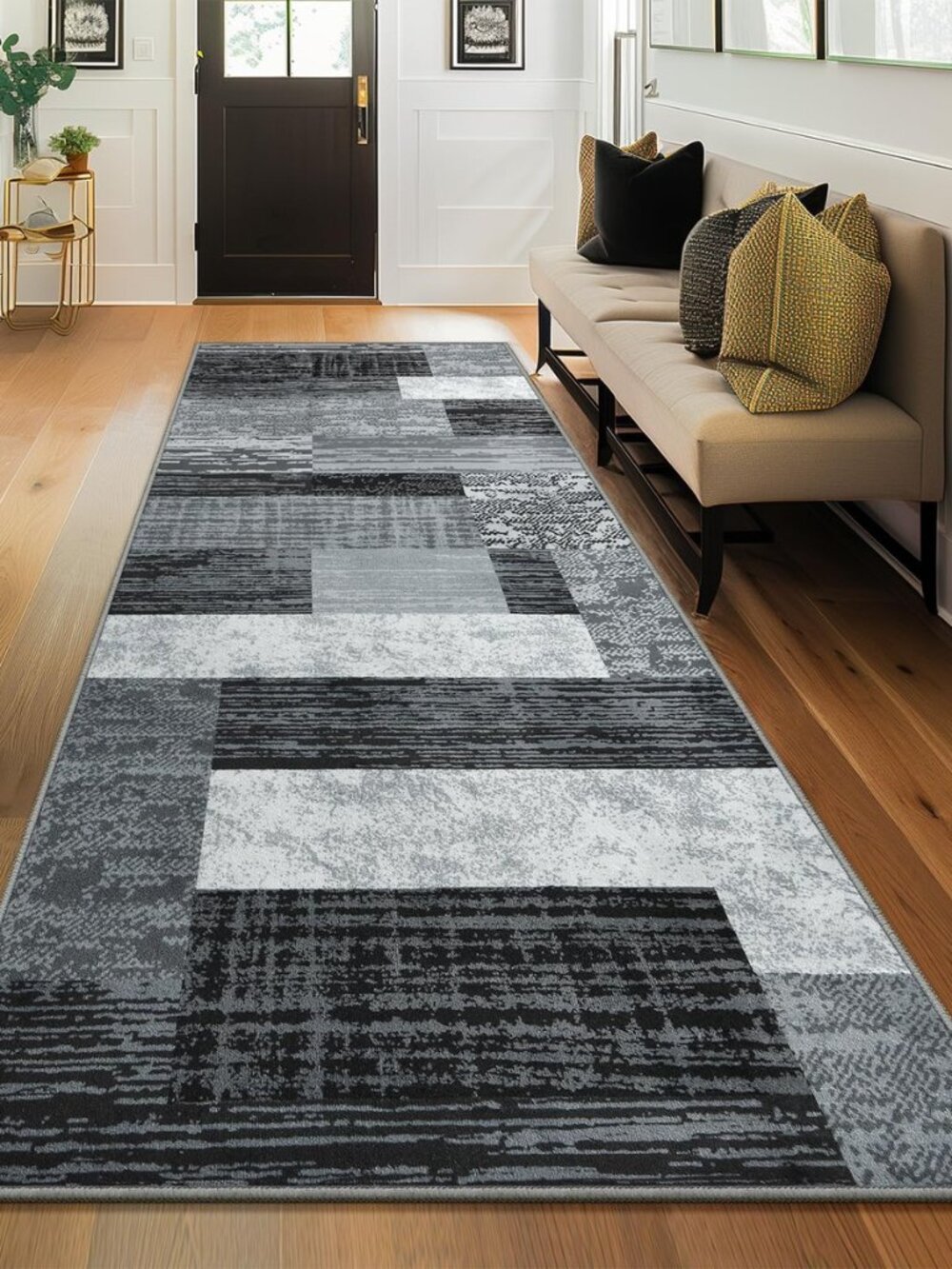 Indoor Washable Runner Rug with Rubber Backing, Modern Geometric Patchwork